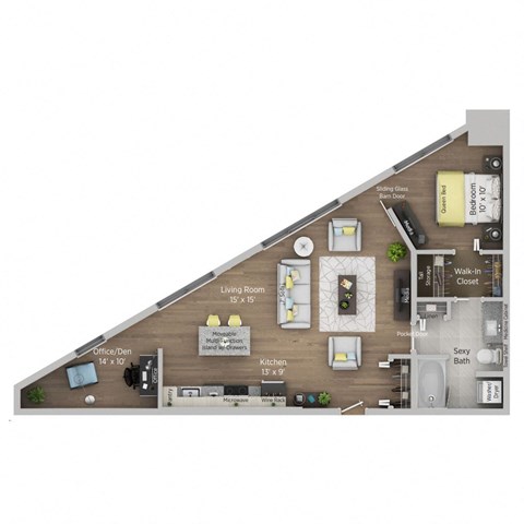 Floor plan for 1 bed, 1 bath, 840 sqft